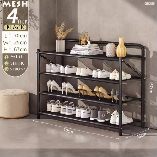 EZ Foldable S/M/L 4-Tier Black Metal Mesh Shoe Rack for Home & Office Use (No Nails)